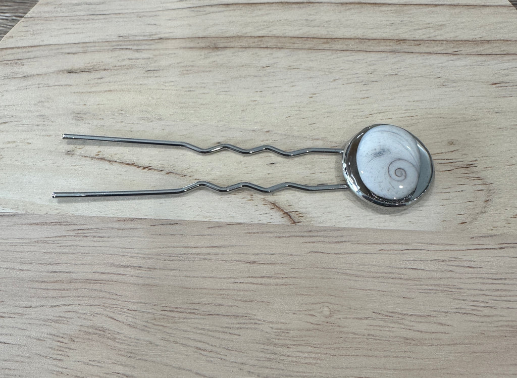 Pique à cheveux en acier inoxydable argenté à fourche double, avec cabochon Oeil de Sainte-Lucie
