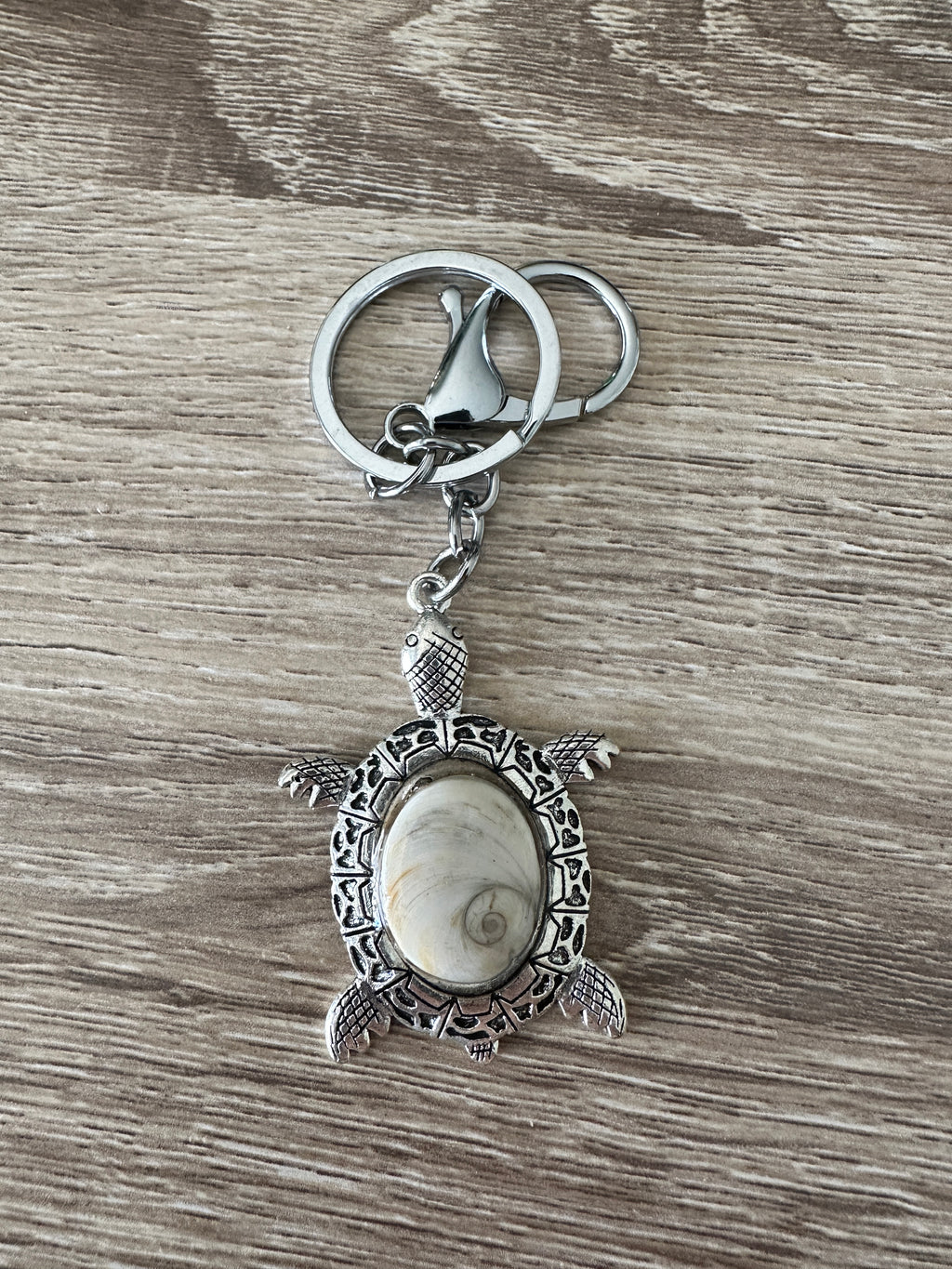 Porte-clés tortue argenté avec cabochon Œil de Sainte-Lucie brun, vue verticale