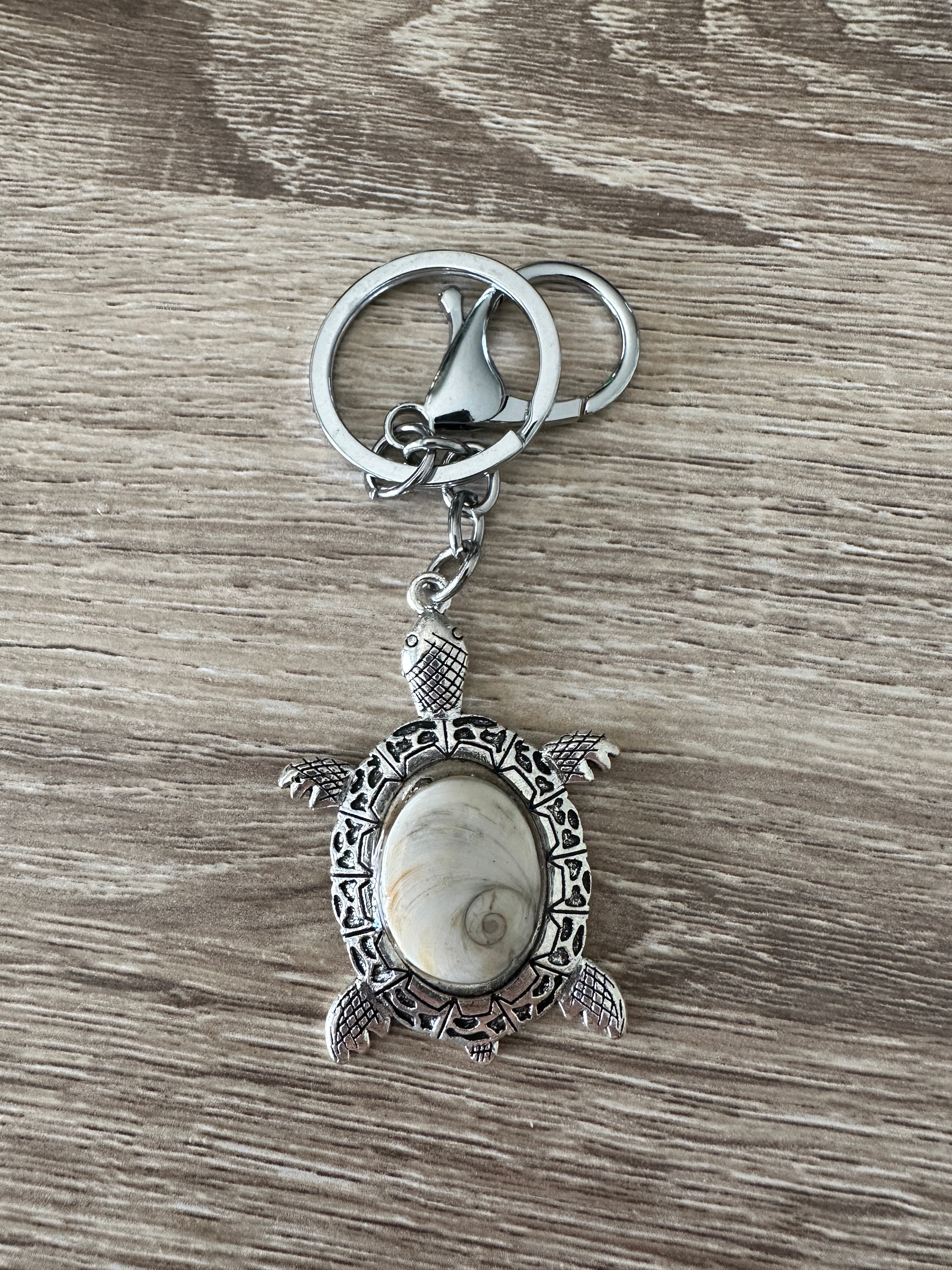 Porte-clés tortue argenté avec cabochon Œil de Sainte-Lucie brun, vue verticale
